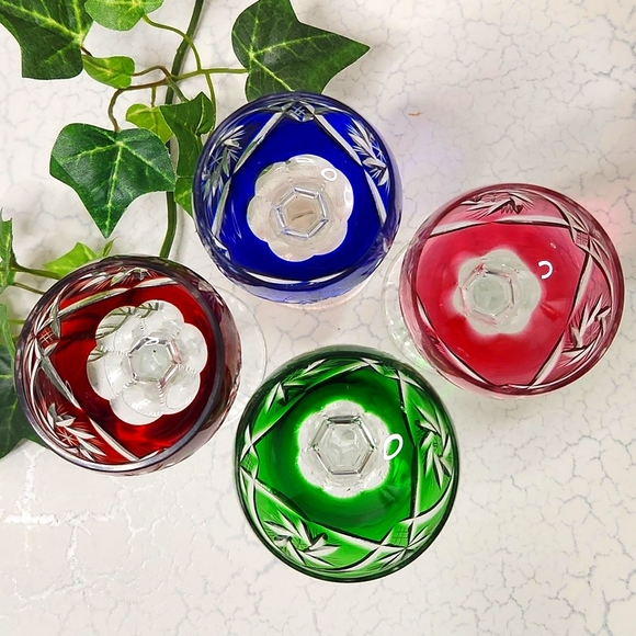 🔥FINAL💲⬇️Set of 4 Vintage Hand Cut Crystal Coloured Cordial Shot Glasses ~ EUC - Picture 2 of 4